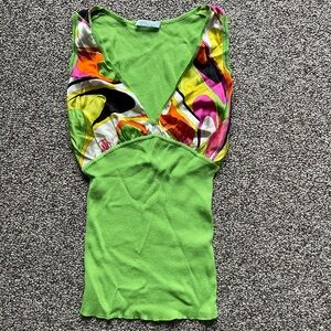 Emilio Pucci Italy Green Print Silk Sleeveless Knit Top 42